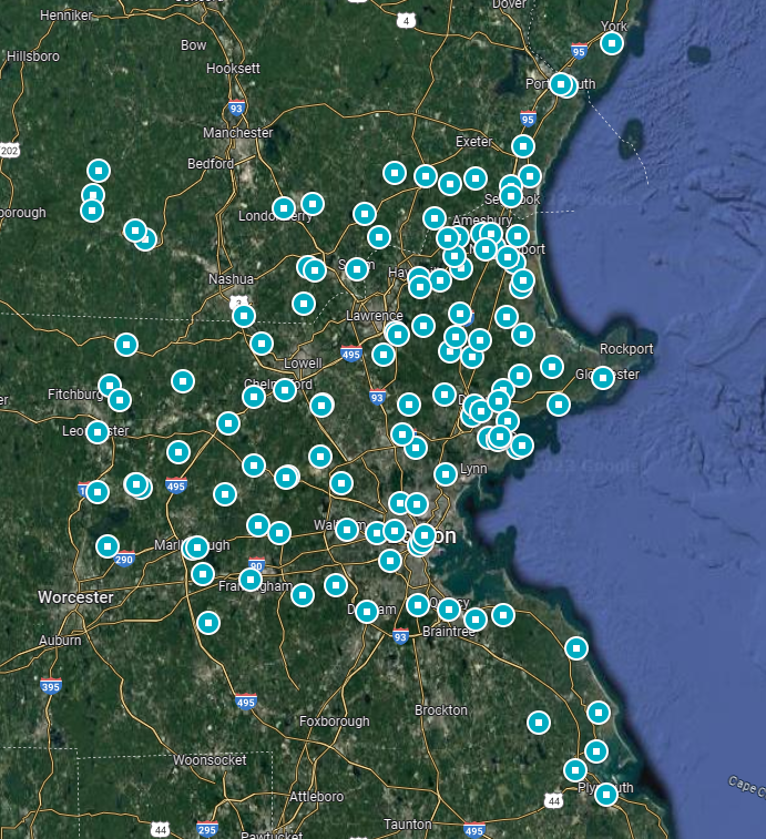 A map of Massachusetts and New Hampshire marking the 127 cemeteries visited 